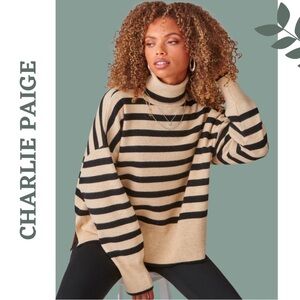 Charlie Paige Mikyla Stripe Cowl / Turtle Neck Pullover Tan Black Size XL